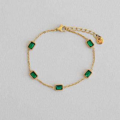 Isla - Grünes rechteckiges Kristall-Kettenarmband aus Edelstahl