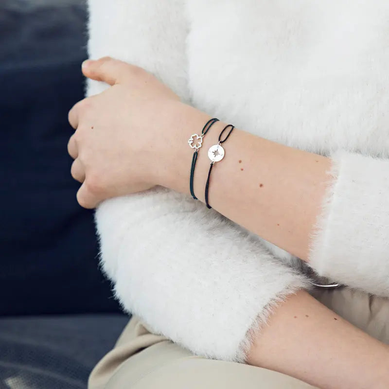 Stretch Bracelet with Silver Compass in Black