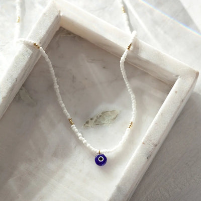 Suzy - Evil Eye White Bead Necklace